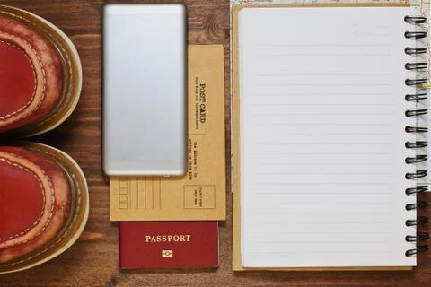 Flat view of accessories prepared for the trip Stock Photos