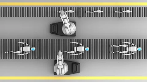 Flat view animation of two robotic hands connecting a leg to a humanoid robot Stock Footage 346416365