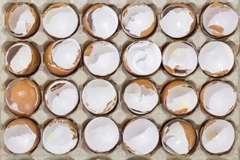 Flat view of a box with broken eggshell brown chicken eggs, background textur Stock Photos