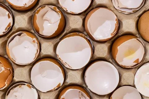Flat view of a box with broken eggshell brown chicken eggs, background texture Stock Photos