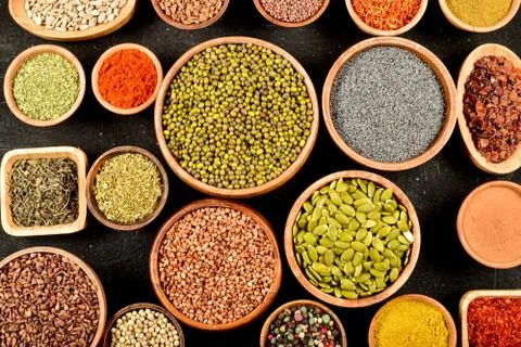 Flat view of spice kinds Foto stock
