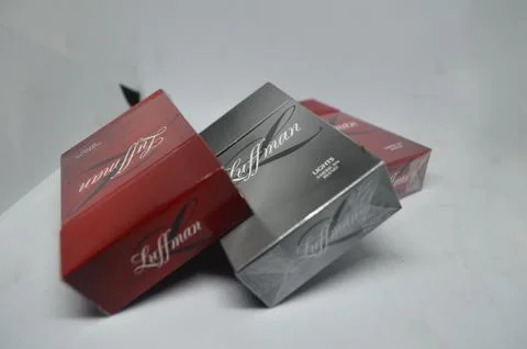 Flat view Three packs of Luffman brand cigarettes Stock Photos