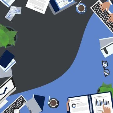 Flat View Work Table With Colagues Preparing Reports And Plans. Notebooks Illustrazione stock