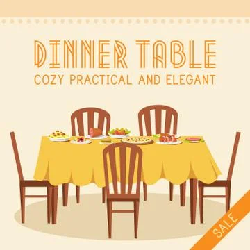 Flat vintage dinner table with many food background vector illus Stock Illustration