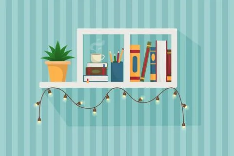 Flat wall-mounted bookshelf with books and glowing garland Shelf book in room Stock Illustration