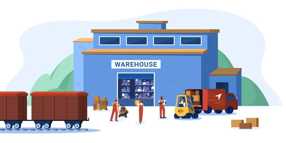 Flat warehouse logistics building with cargo transport, workers and cardboard Ilustración de archivo