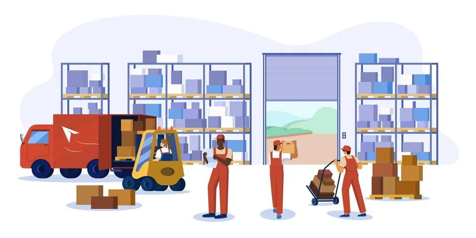 Flat warehouse logistics interior with workers, forklift, lift truck and boxes Illustrazione stock