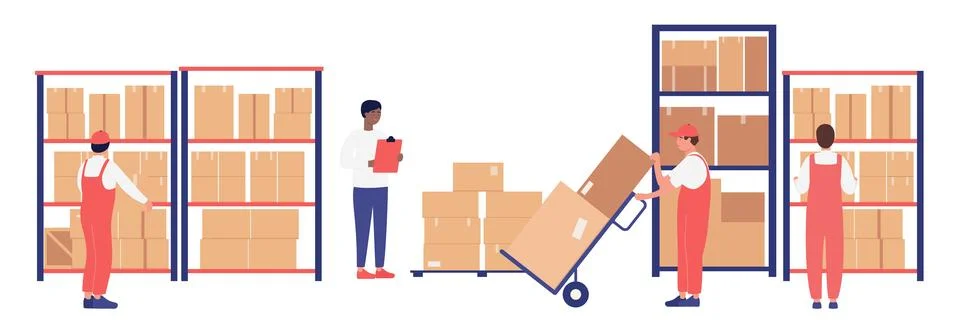 Flat warehouse workers loading boxes with supervisor 库存插图