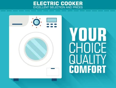Flat washing machine with the slogan on the background with long Stock Illustration