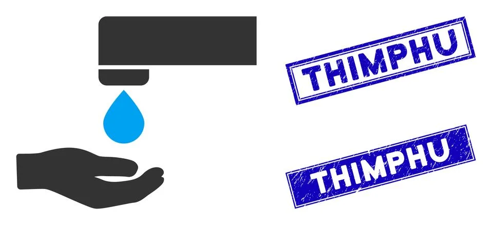 Flat Water Saving Icon and Scratched Rectangle Thimphu Watermarks 스톡 일러스트