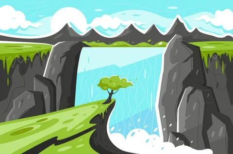 Flat waterfall with tree on green plain and mountain background. Stock Illustration