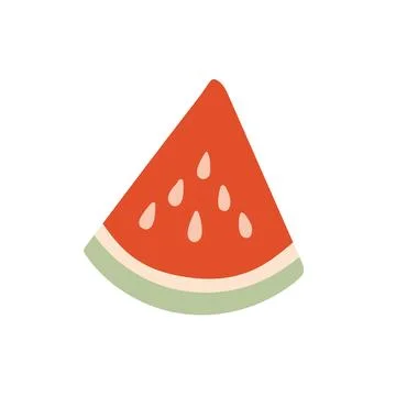 Flat watermelon slice vector illustration with seeds and pale green rind. Cute Stock Illustration
