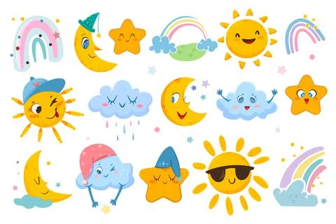 Flat weather set with cute sun, moon, clouds, starts and rainbow Stock Illustration