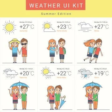 Flat weather widgets set with cute couple Stock Illustration
