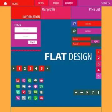 Flat Web Design, elements, buttons, icons. Stock Illustration