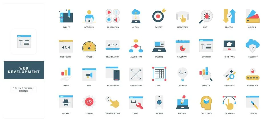Flat Web Development Icons with Titles Set Stock Illustration