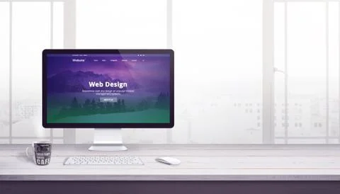 Flat web page on computer display. Web design company concept. Free space bes Stock Photos