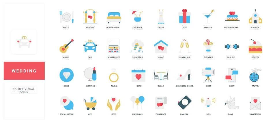 Flat Wedding Icon Set with Event Elements 스톡 일러스트