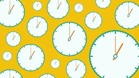 Flat white clocks different size with moving arrows on yellow background. Stock Footage 112367513