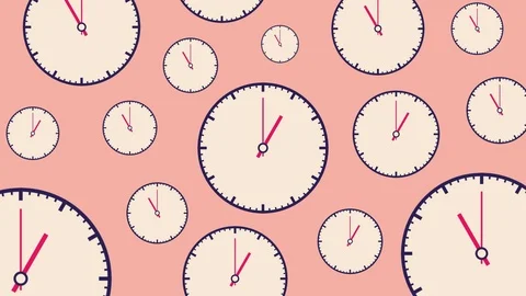 Flat white clocks different size with moving arrows on light pink background. Stock Footage 112367735