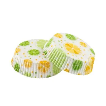 Flat white paper baking forms for muffins and cupcakes with citrus pattern Stock Photos