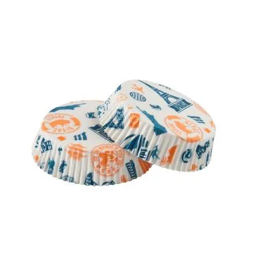 Flat white paper baking forms for muffins and cupcakes with travel pattern Stock Photos