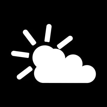 Flat white sun icon behind a cloud on a black background. Vector illustration. Illustrazione stock