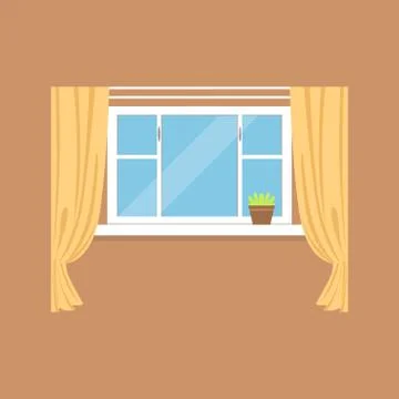 Flat window with curtains on brown wall Stock Illustration
