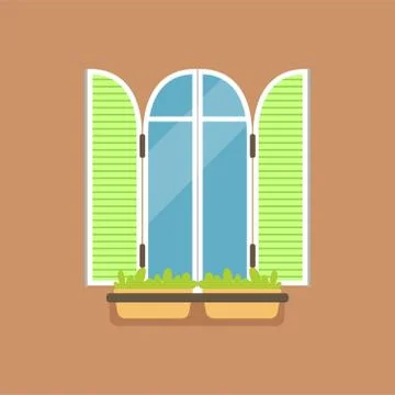 Flat window with green shutters and potted flowers Stock Illustration
