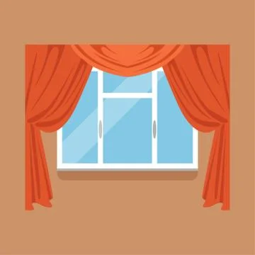 Flat window with red curtains on brown wall Illustrazione stock