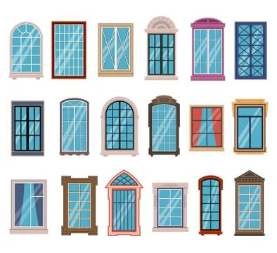 Flat windows frames. Colorful various wooden and plastic window frames with Illustrazione stock