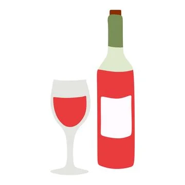 Flat Wine bottle and Drinking Glass isolated on white background. Cartoon Vec Stock Illustration