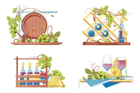 Flat winery icon set with classic wooden barrel, wine bottle. Stock Illustration