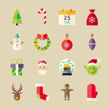 Flat Winter Merry Christmas Objects Set Stock Illustration