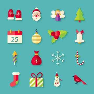 Flat Winter Merry Christmas Objects Set with Shadow Stock Illustration
