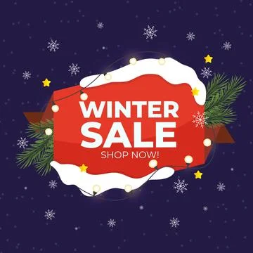 Flat winter sale with string lights and pine leaves Stock Illustration