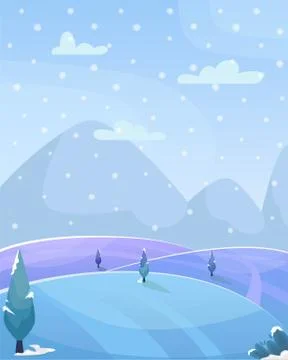 Flat winter vector cartoon landscape. Fields with trees and mountains Stock Illustration