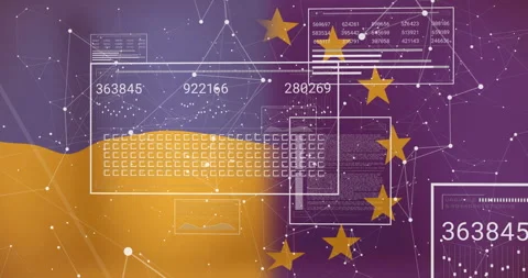 Flat wireframe data panels showing metrics streaming over purple gold gradient Stock Footage 309100977