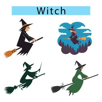 A flat witch on a broomstick on a white background, witch vector art イラスト素材