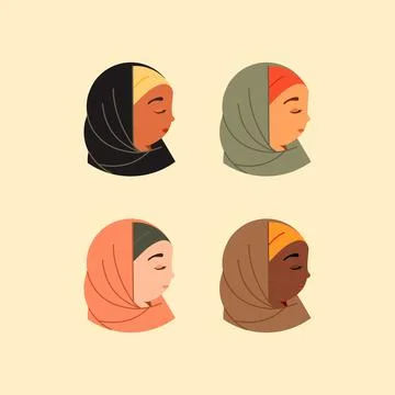 Flat woman head in hijab with different skin color vector set Stock Illustration