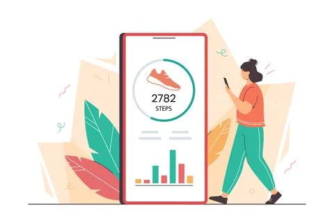 Flat woman using smartphone with pedometer for counting steps Stock-Illustration