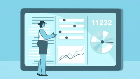 Flat woman working in software on computer tablet. Business and technology Stock-Footage 157167521