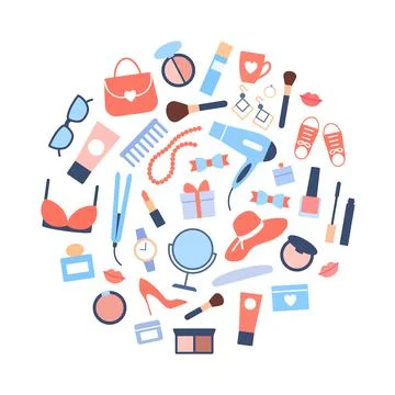 Flat women accessories element set. Circle concept Stock Illustration