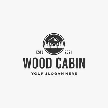 Flat WOOD CABIN tree building MOUNTAIN logo design Ilustración de archivo