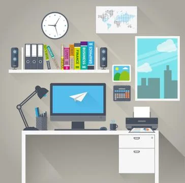 Flat work space with long shadow Stock Illustration