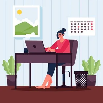 Flat working day scene with device Stock Illustration