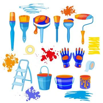 Flat working tools icon set, building object, implements and worker stuff. Stock Illustration