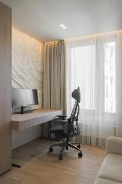 Flat workplace with computer on desk Stock Photos
