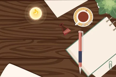 Flat workplace organization top view with wooden texture table notepad cup Illustrazione stock