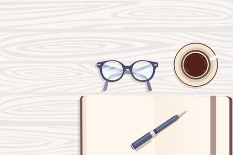 Flat workplace organization top view with wooden texture table notepad cup Stock Illustration